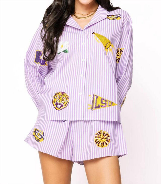 Queen Of Sparkles - Licensed Lsu Mini Icon Striped Button Down Top