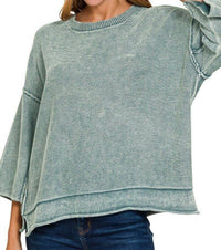 Zenana - Mineral Washed 3/4 Sleeve Boxy Sweater