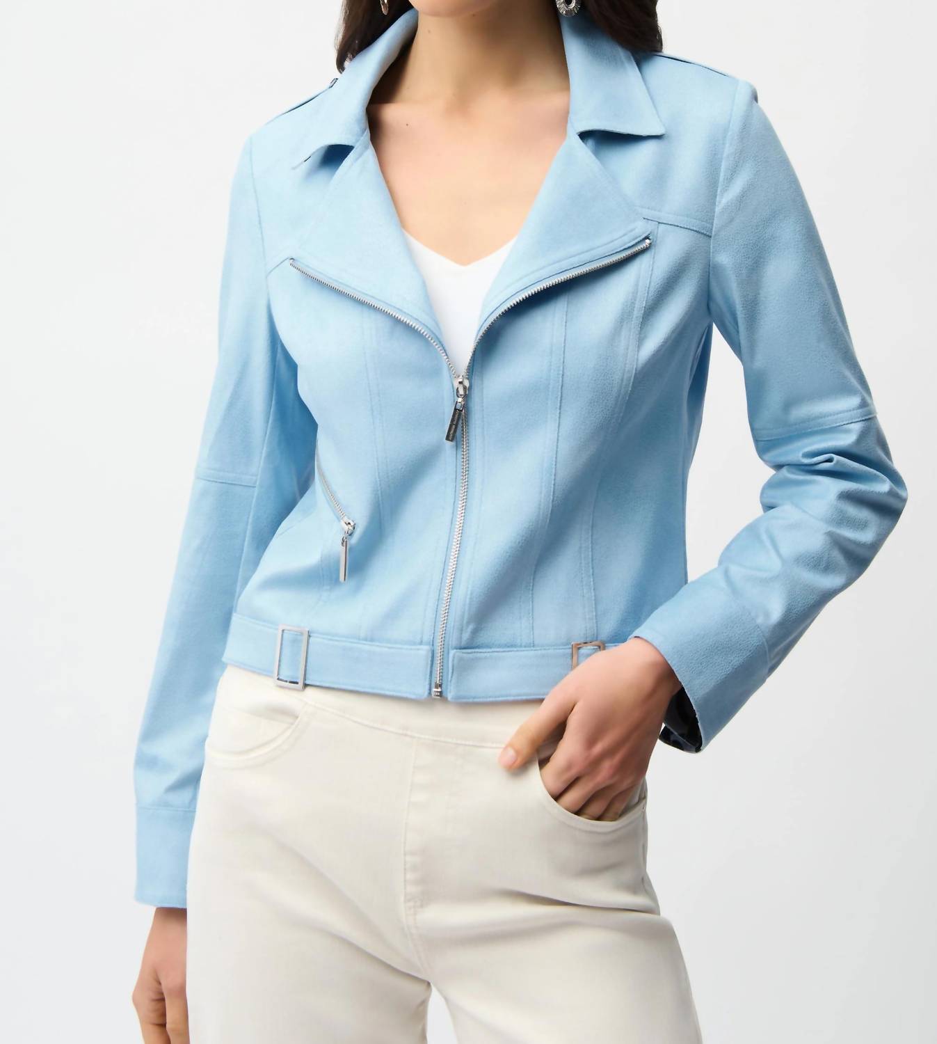 Joseph Ribkoff - Foiled Faux Suede Fitted Jacket With Decorative Buckles