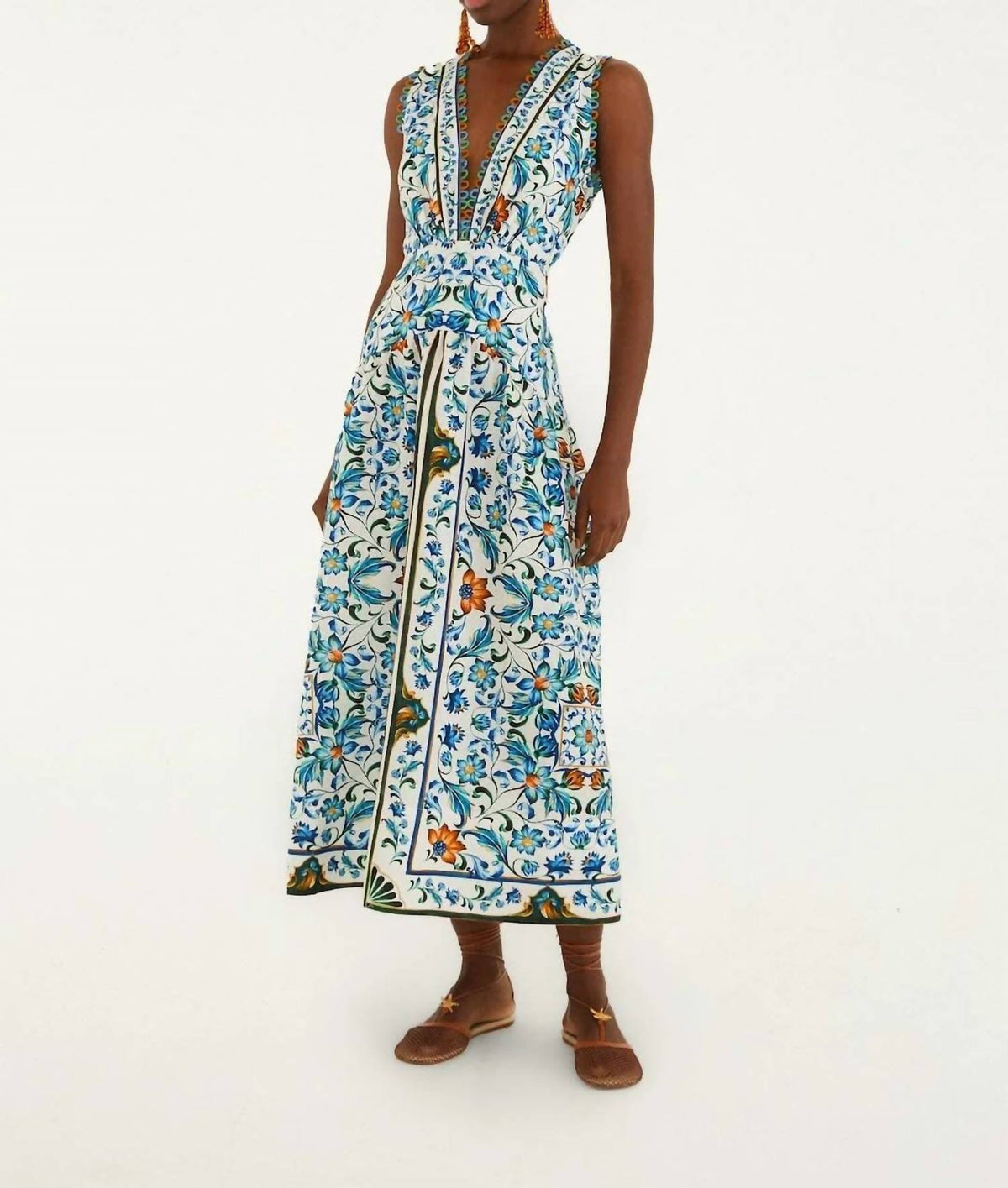 Farm Rio - Flora Tile Scallop Linen Maxi Dress