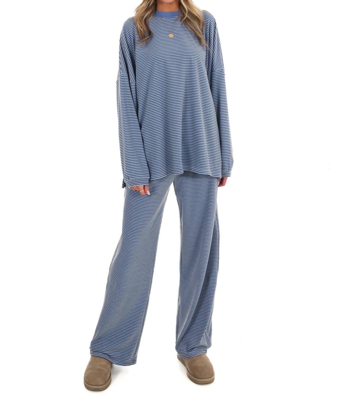 Things Between Homebody Stripe Fleece Top in blue - women's sweater - detail view