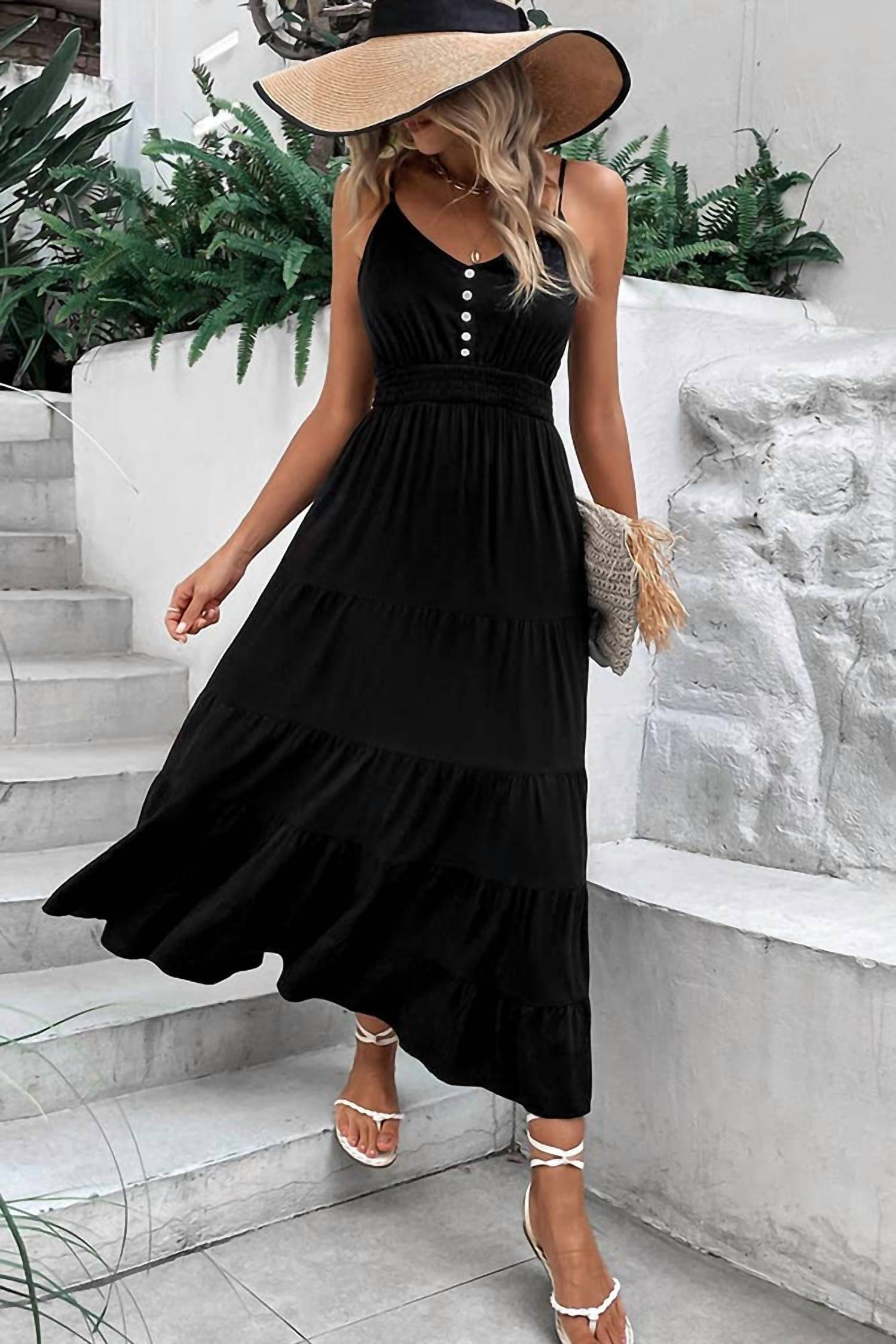 Unishe - Buttoned Smocked Waist Maxi Dress