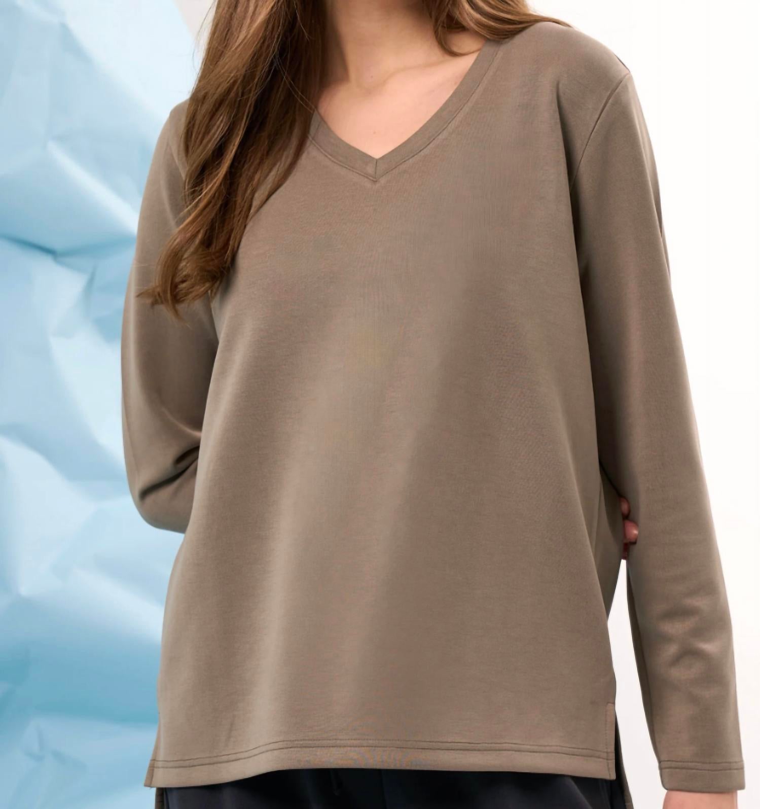 french kyss Solid V-neck Top in army - women's long sleeve top - detail view