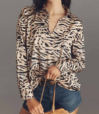 hutch Ayer Long Sleeve Top in latte layered zeba stripe - women's blouse