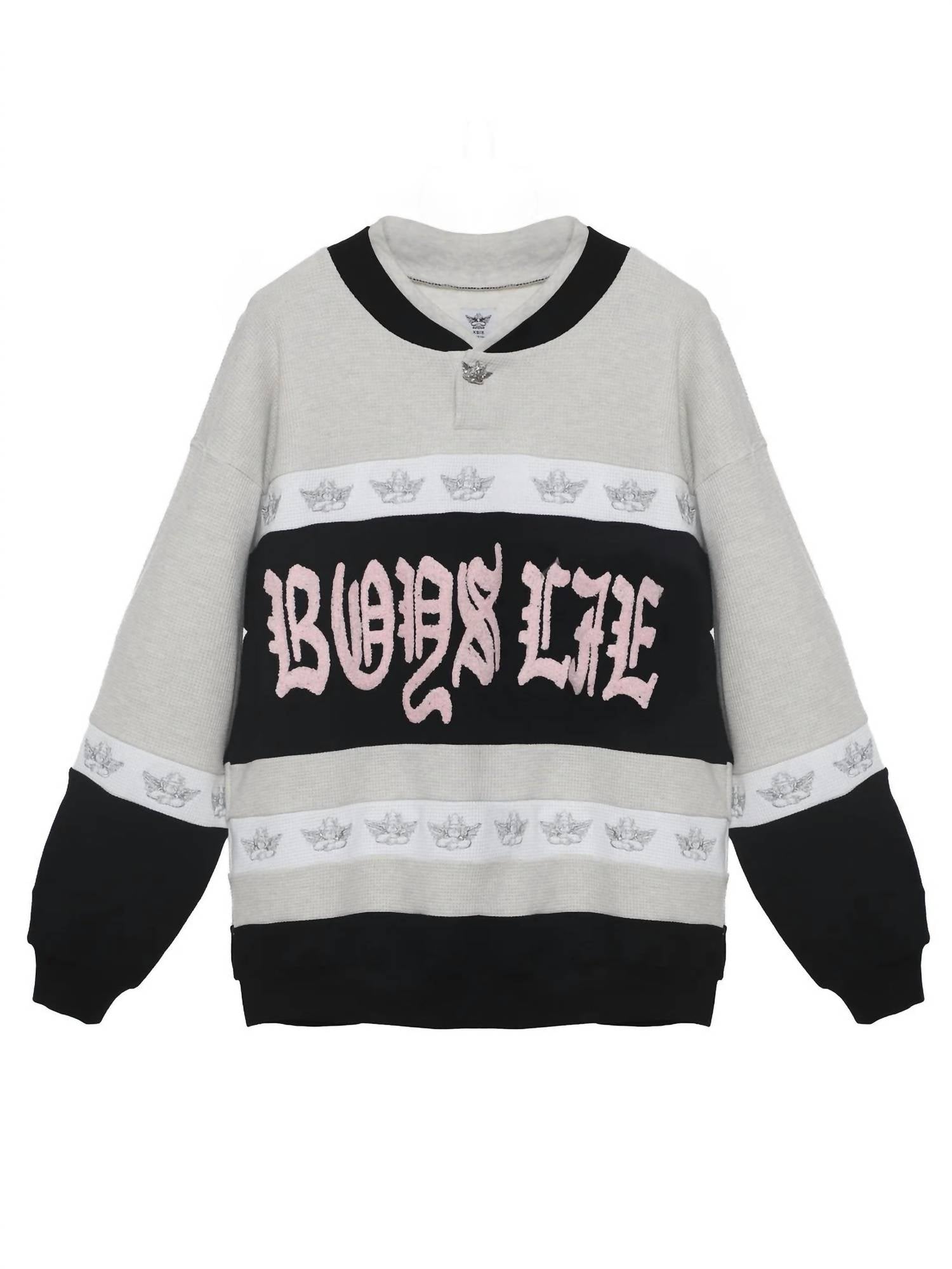 BOYS LIE High Class Private School Thermal Rider Crewneck Top in heather grey - women's top - detail view