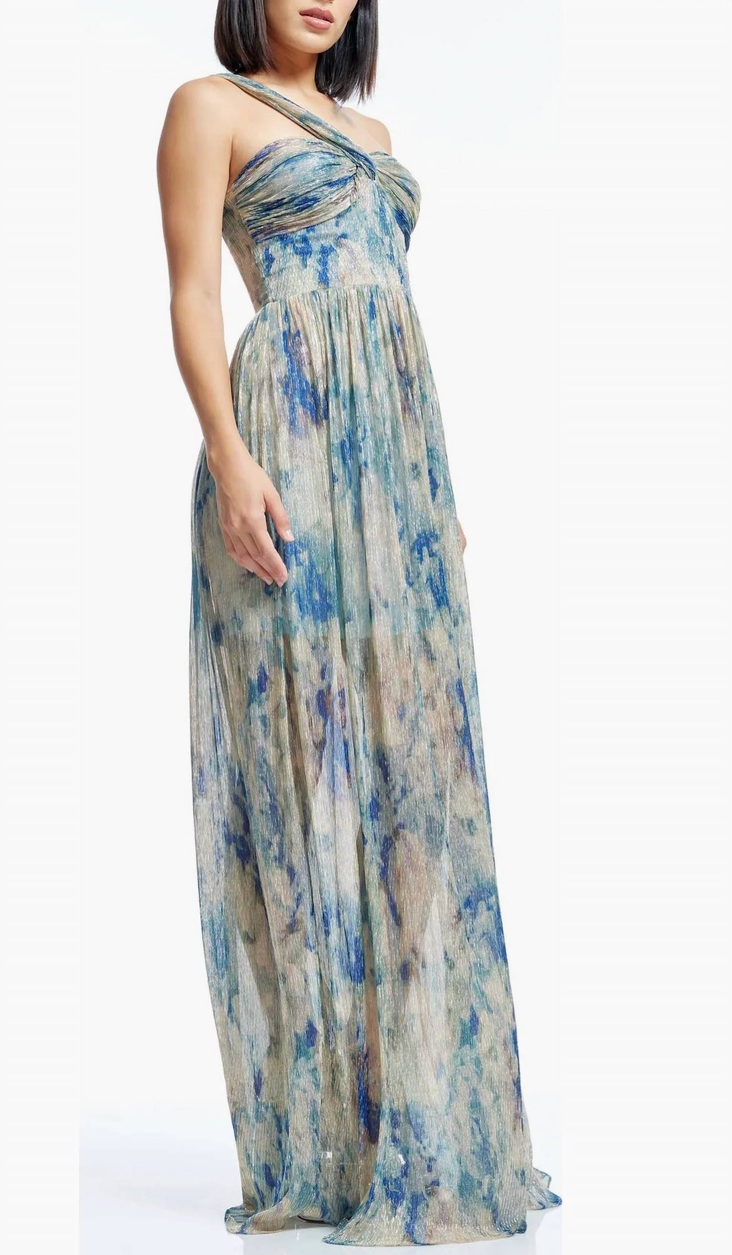 Dress The Population - Idalia Metallic Abstract Floral Print One-shoulder Gown