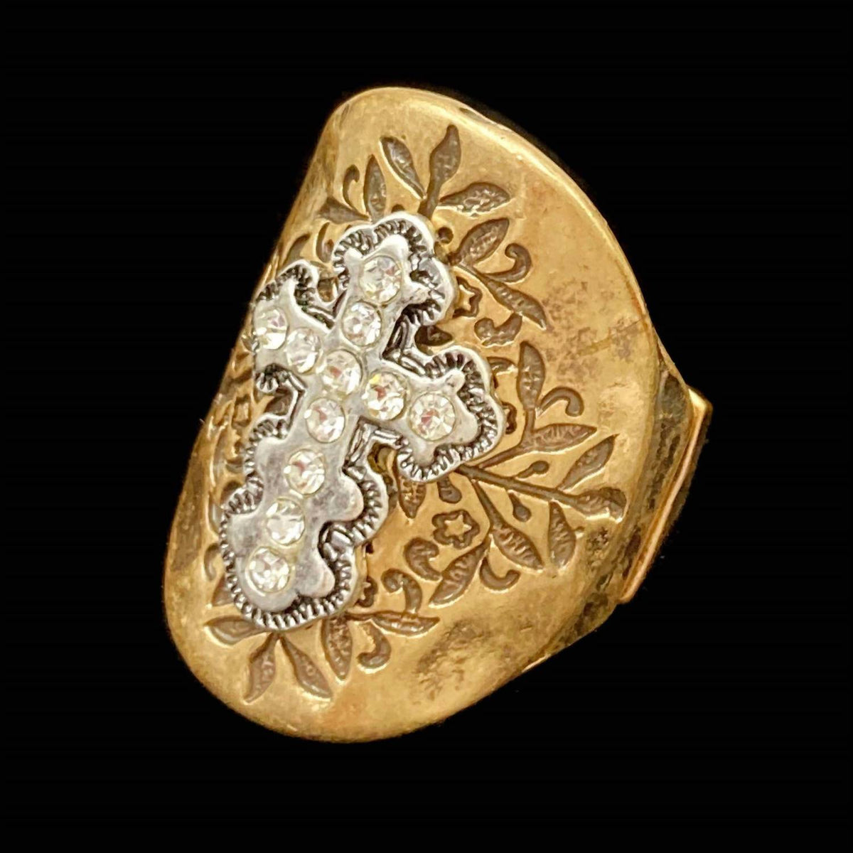 Lunar - Women's Western Cross Filigree Rhinestone Stretch Ring And Adjustable Band