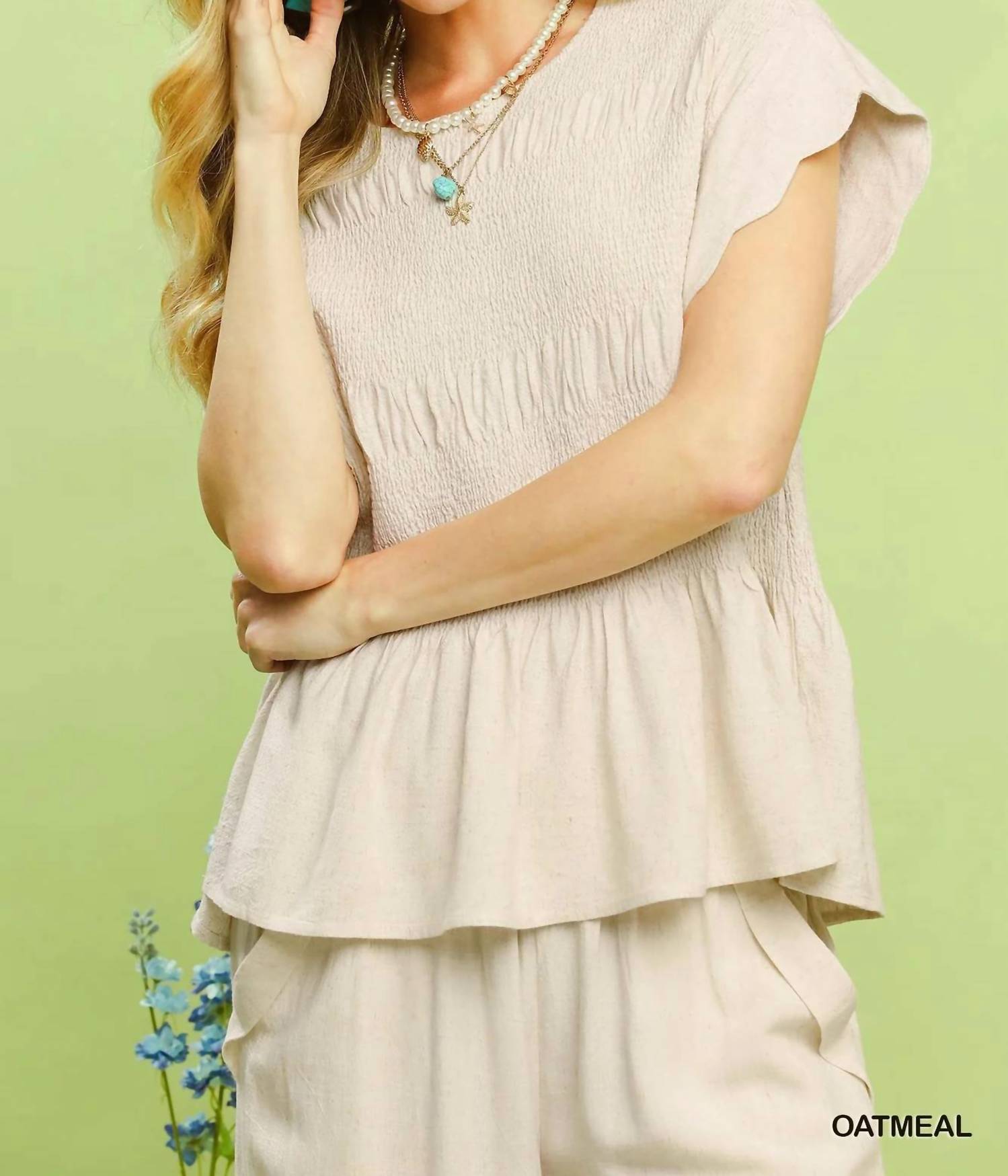 Umgee - Linen Blend Smocked Peplum Top