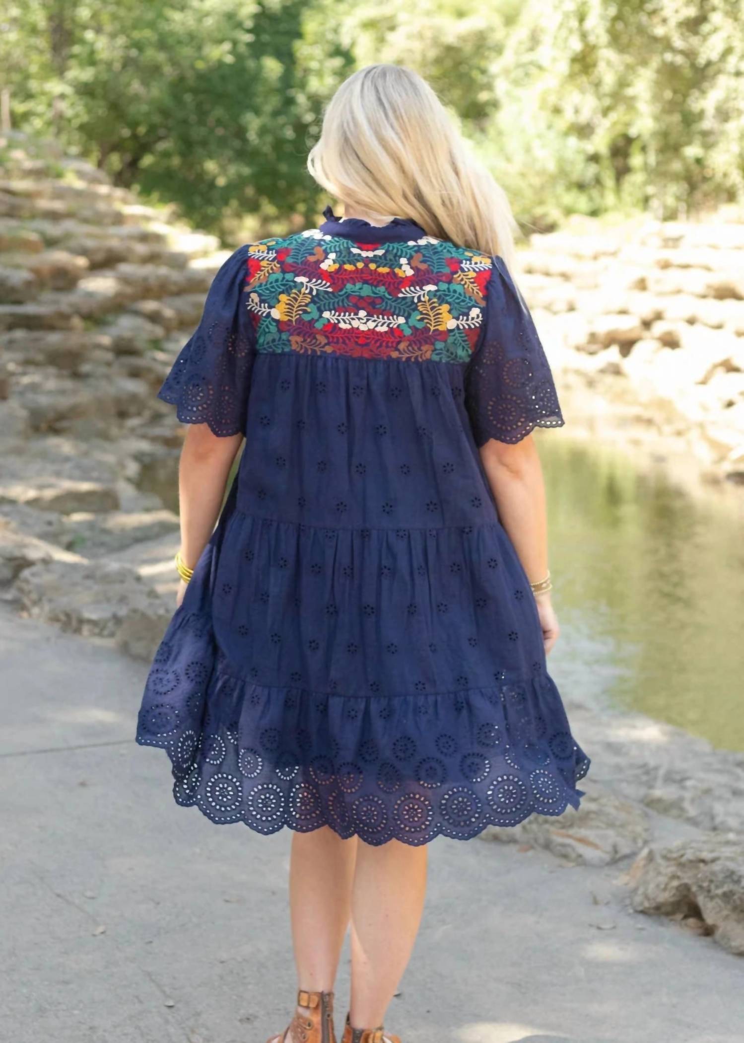 Layerz Clothing Eyelet Embroidered Mini Dress in navy - women's dress - alternate view