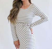 Gilli - Long Sleeve Waist Twist Side Slit Stripe Maxi
