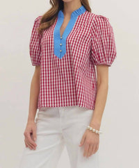 Entro - Gingham Puff Sleeve Top