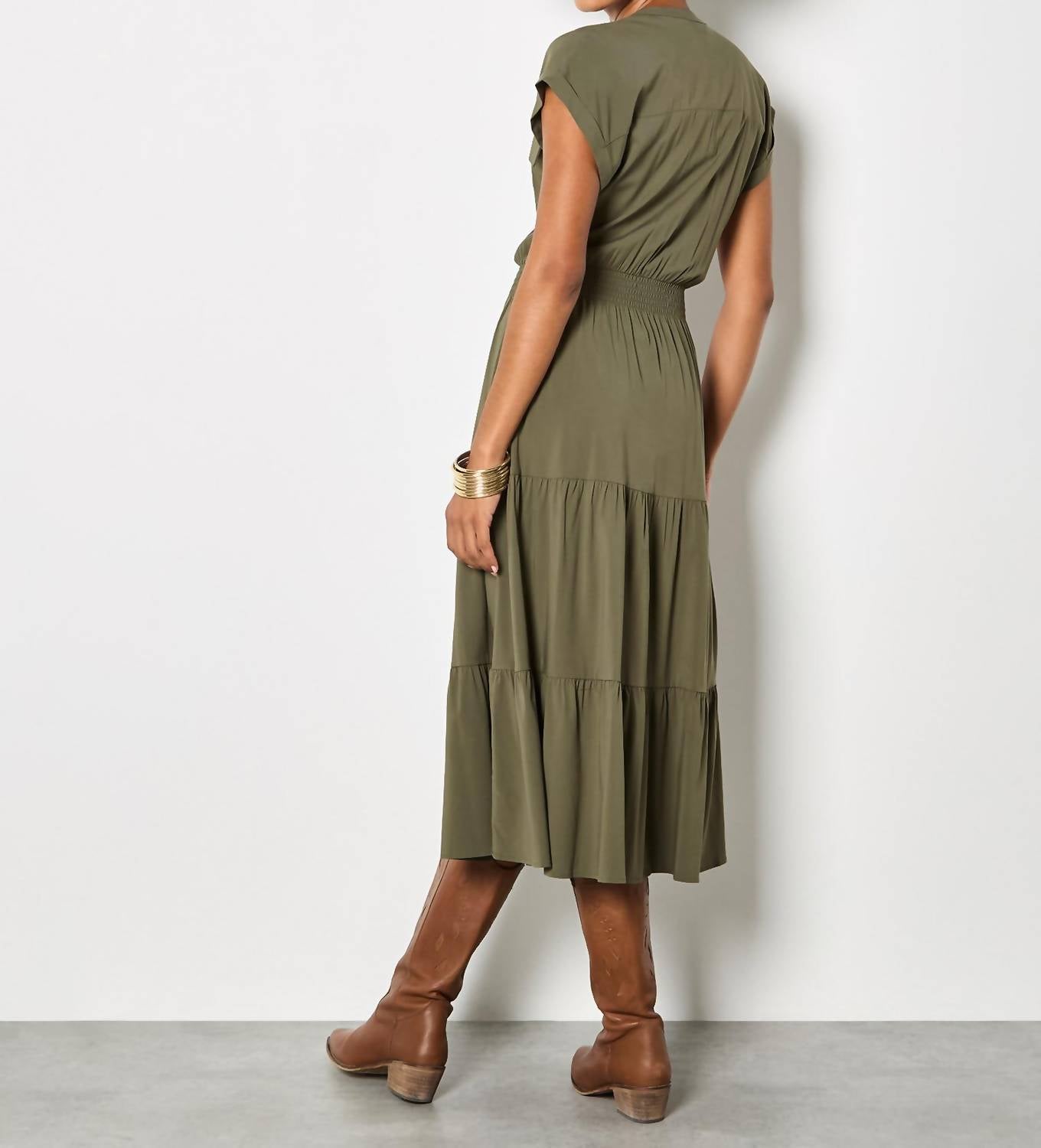 APRICOT Tiered Utility Midaxi Dress in khaki - women's dress - detail view