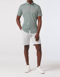 Mizzen + Main Halyard Short Sleeve Shirt in pale green dot stripe - men's t-shirt - detail view