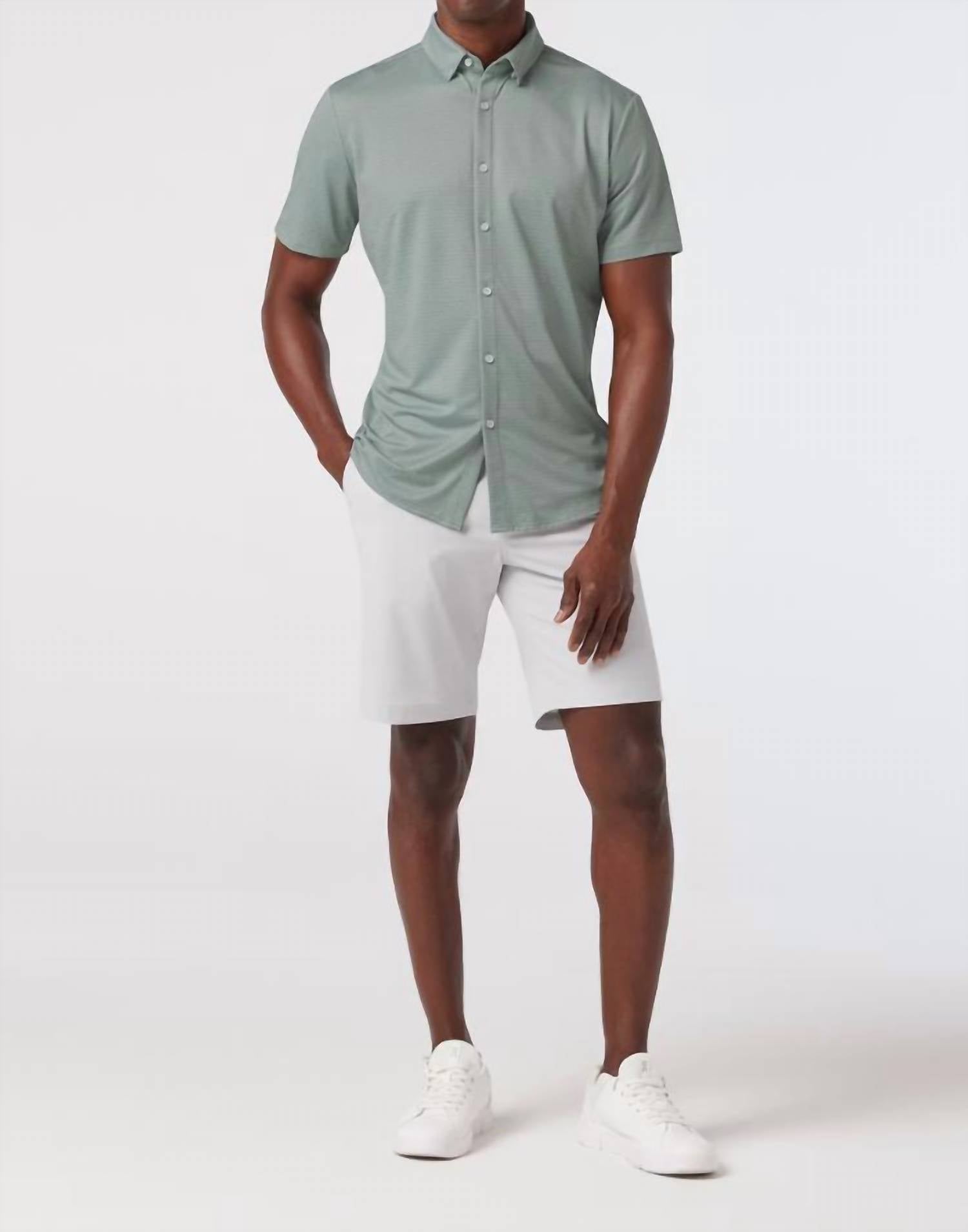 Mizzen + Main Halyard Short Sleeve Shirt in pale green dot stripe - men's t-shirt - detail view
