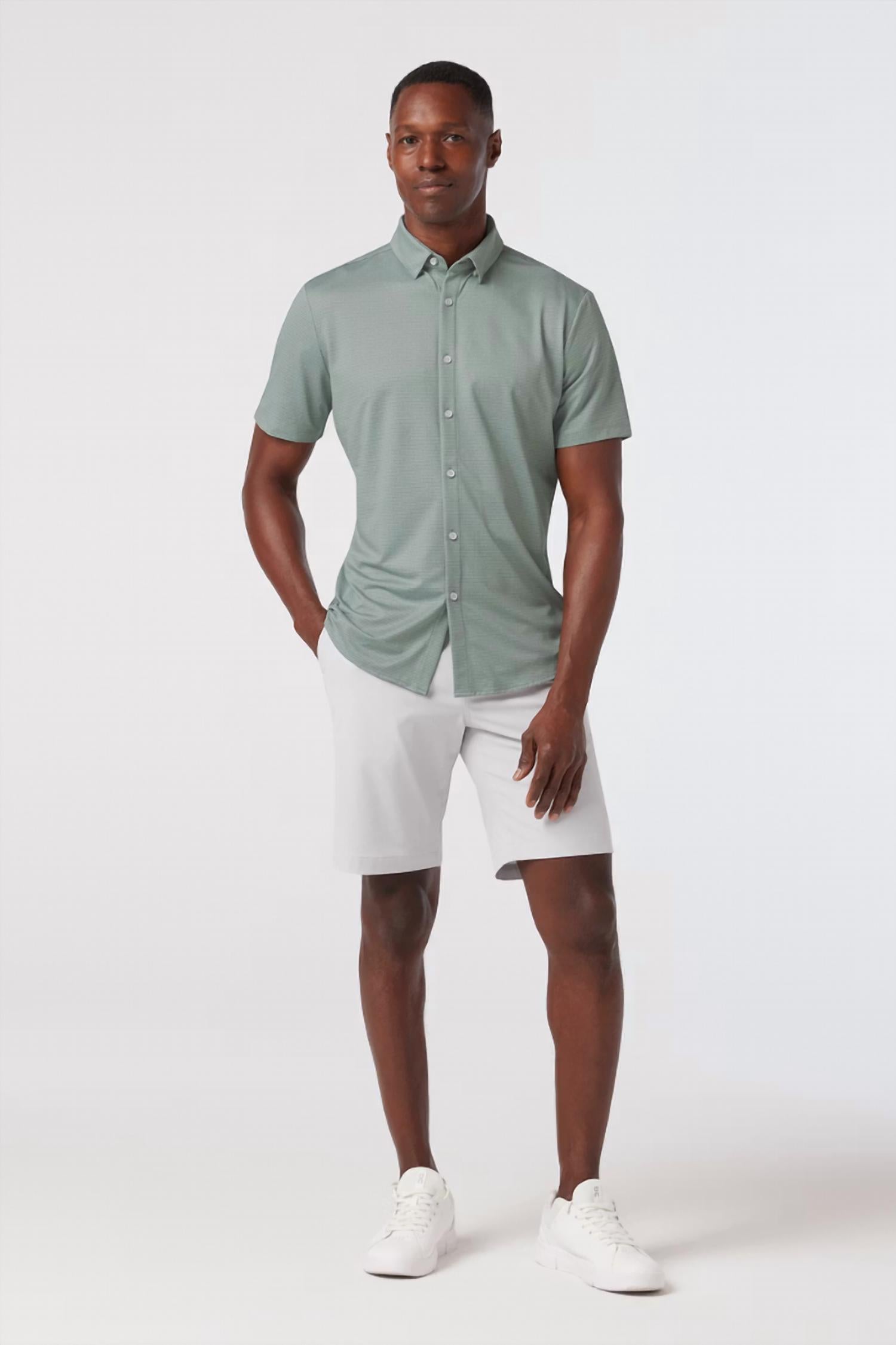 Mizzen + Main Halyard Short Sleeve Shirt in pale green dot stripe - men's t-shirt - alternate view