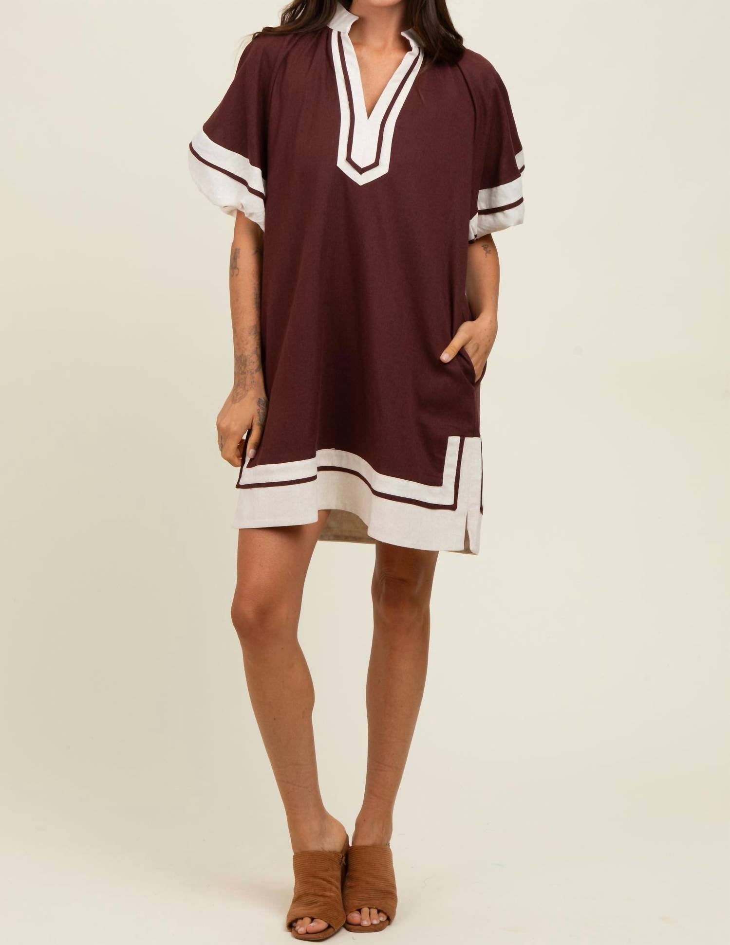 entro Colorblock Border Print Maternity Mini Shift Dress in chocolate cream - women's dress
