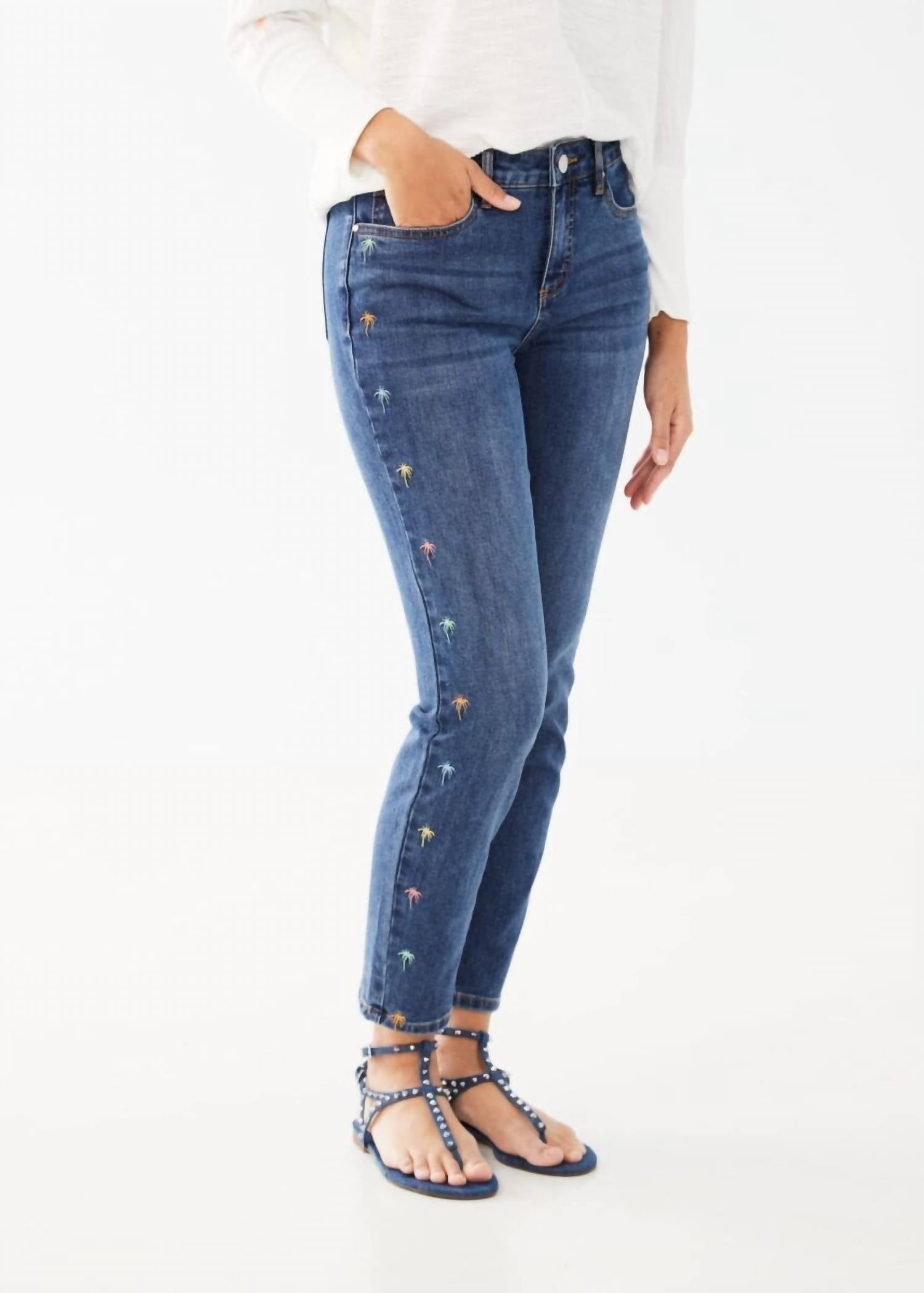 FDJ Olivia Embroidered Pastel Palm Trees Pencil Ankle Denim Jeans in medium wash - women's jeans