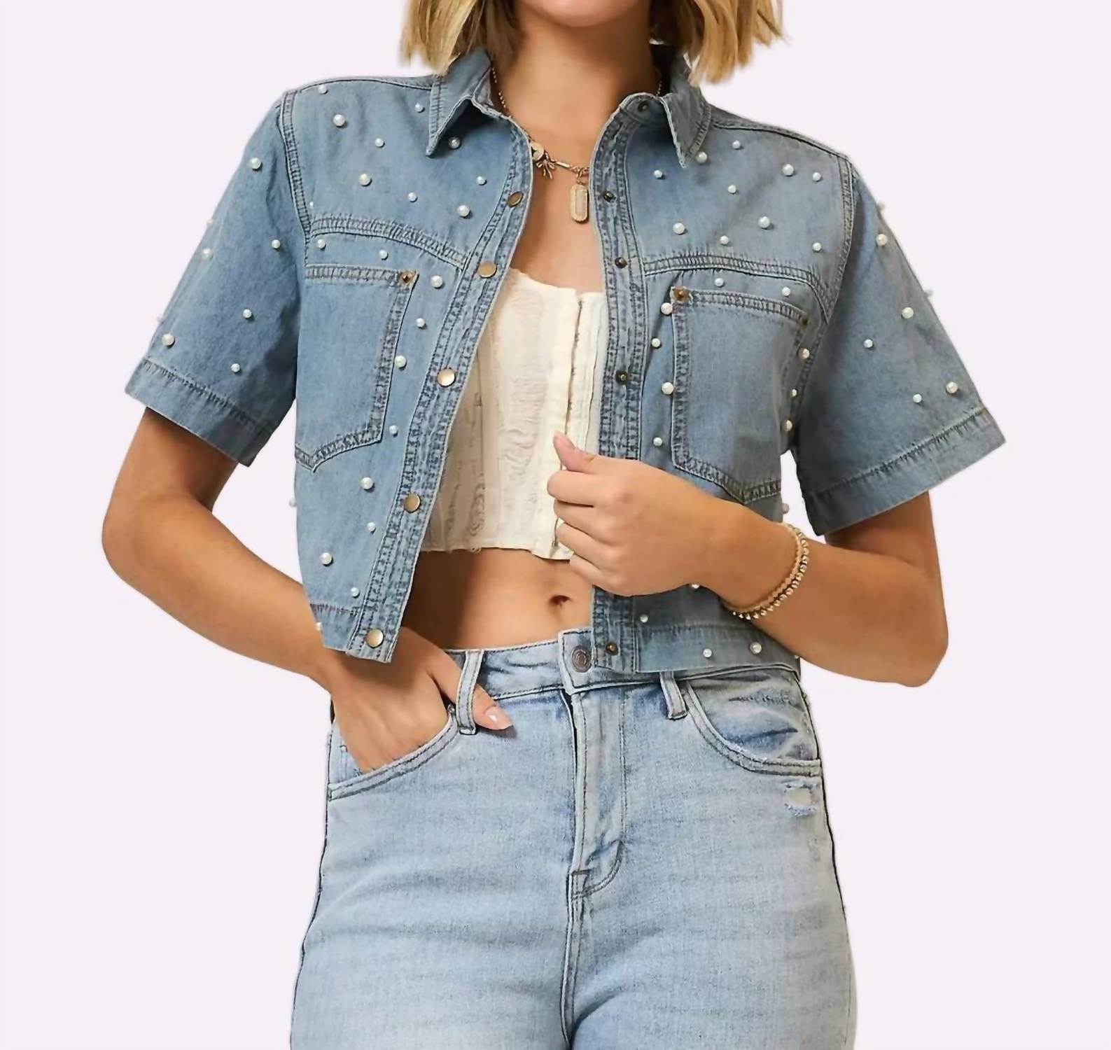 Cozy Co. - Denim Pearl Studded Jacket