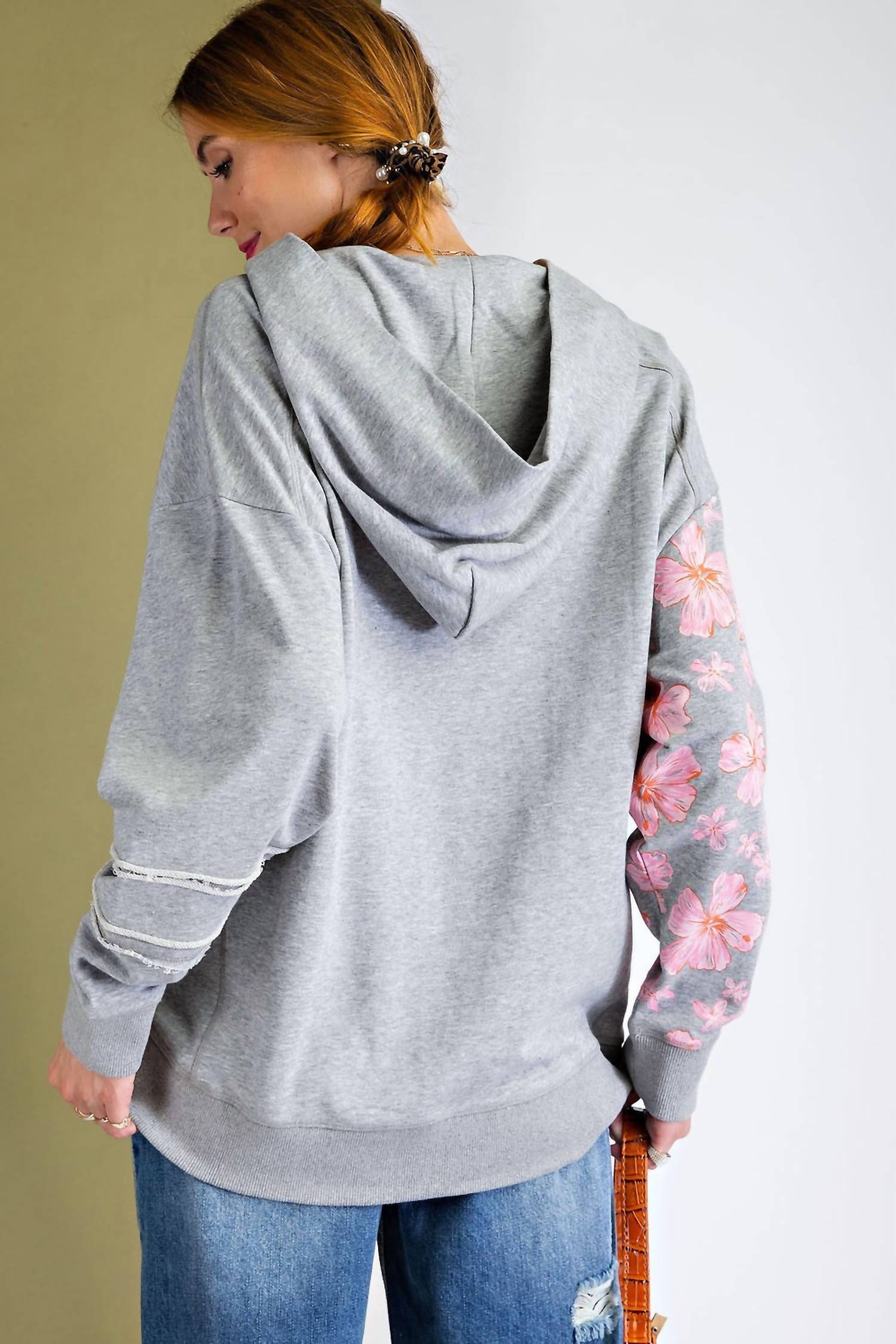 Easel Mix Print Terry Pullover Hoodie in heather grey - women's top - alternate view
