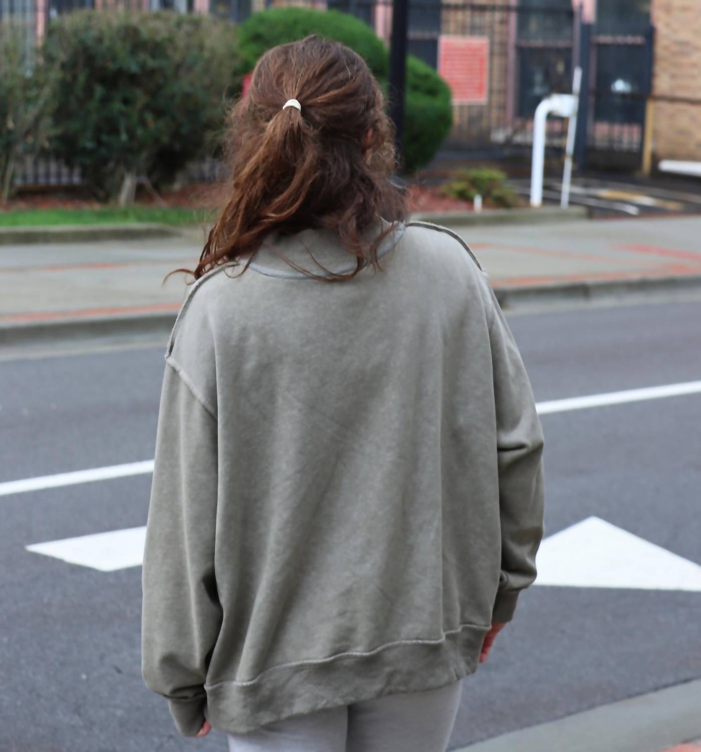 BUCKETLIST Vintage Wash Print Mockneck Lightweight Sweatshirt in olive - women's top - alternate view