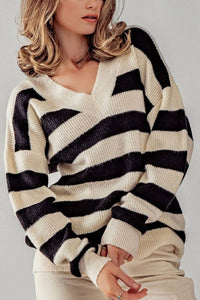 Urban Daizy - Oversized Striped V-Neck Sweater Knit Top