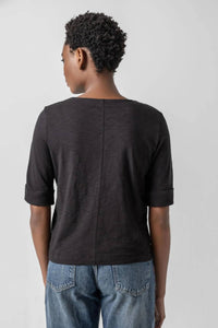 Lilla P Cuffed Sleeve Split Neck Top in black - women's t-shirt - detail view
