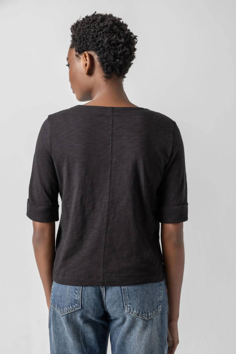Lilla P Cuffed Sleeve Split Neck Top in black - women's t-shirt - detail view