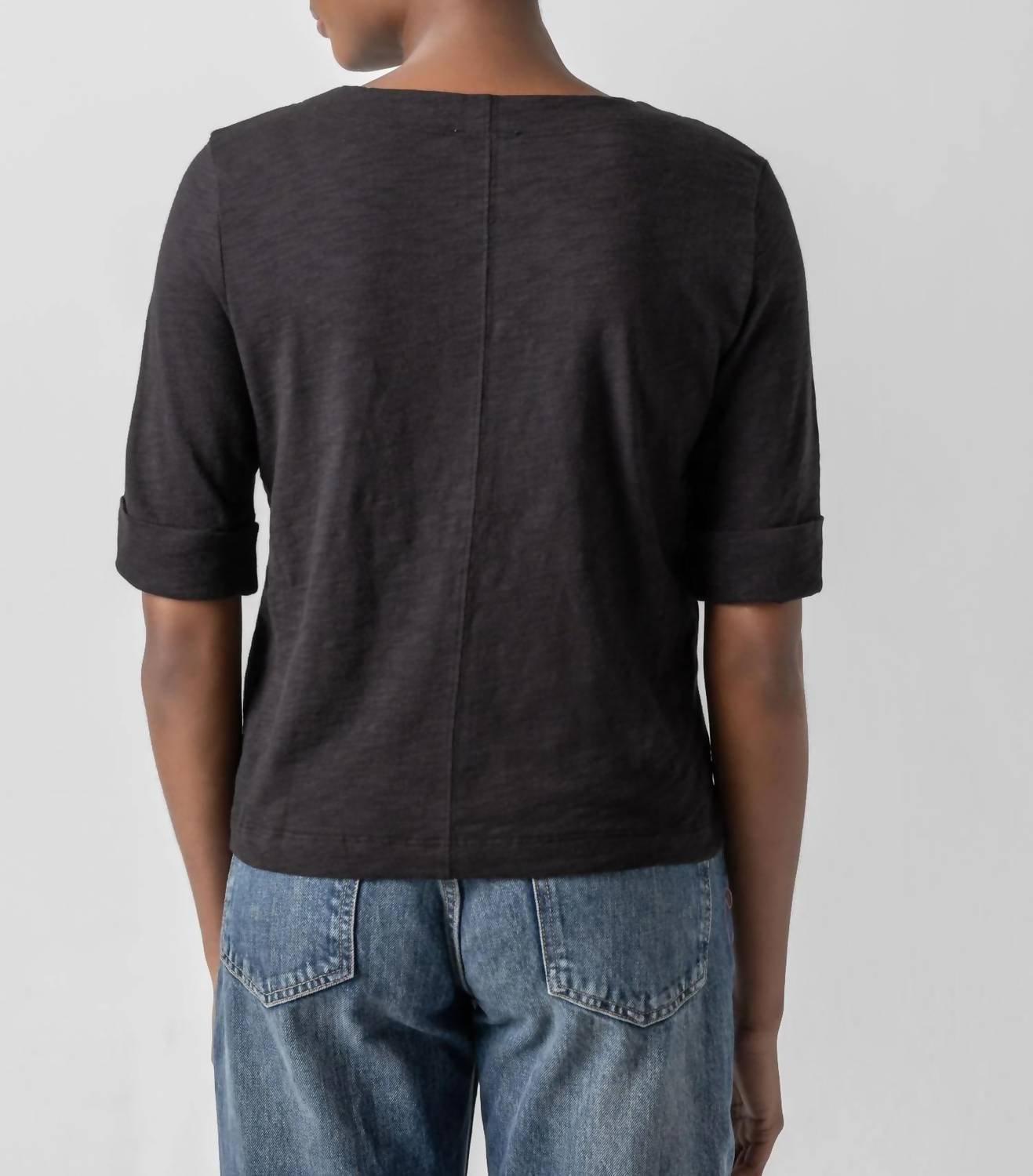 Lilla P Cuffed Sleeve Split Neck Top in black - women's t-shirt