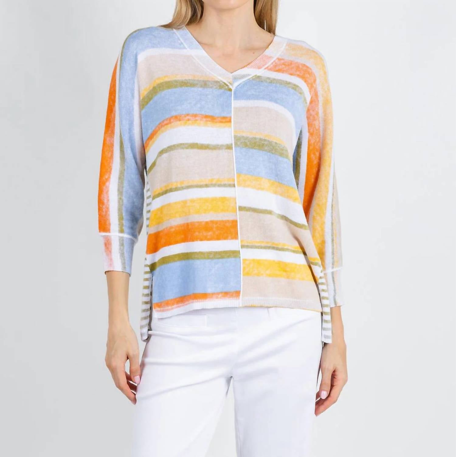 Elliott Lauren - Blocked Off Printed Stripe V-neck Top