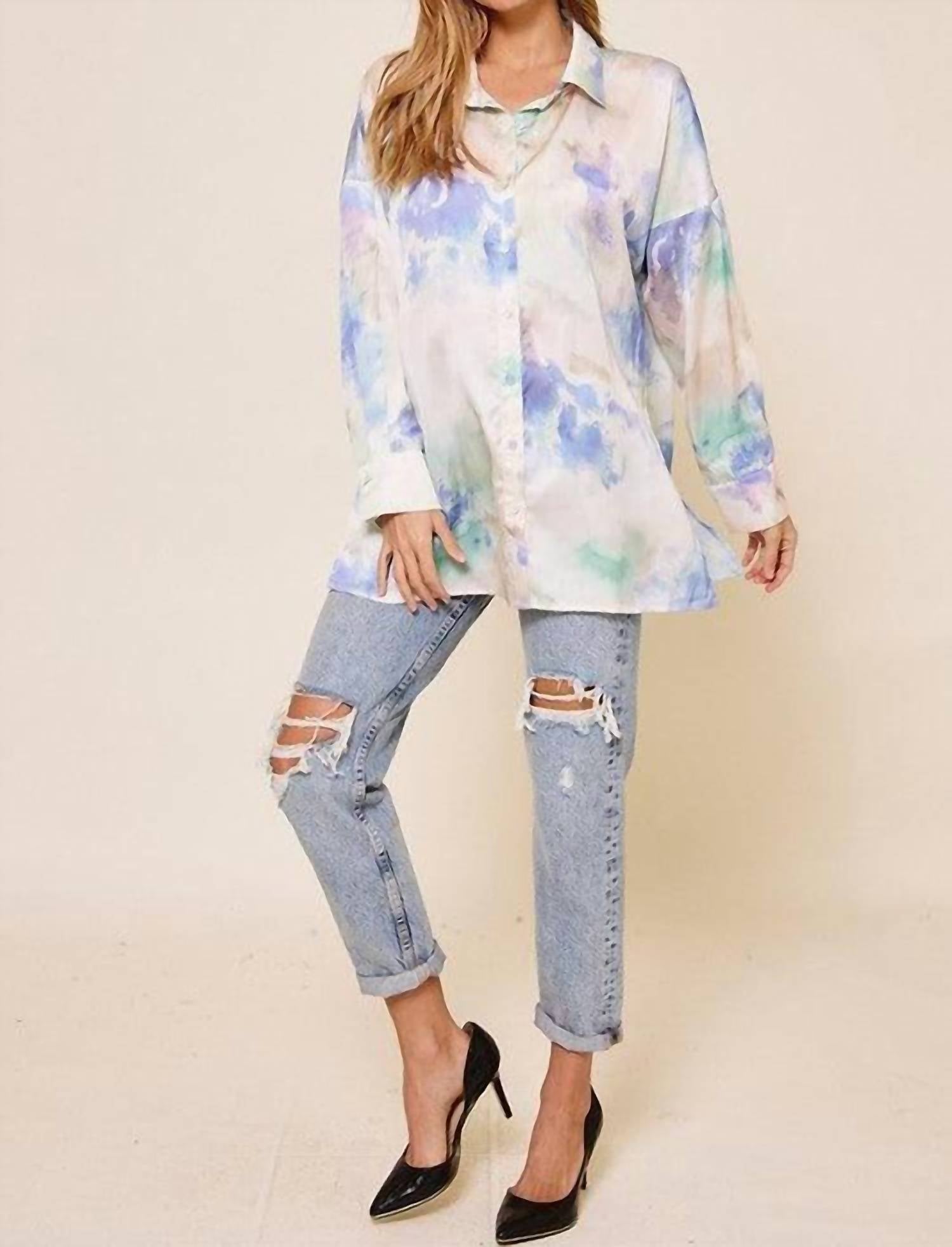 Ces Femme - Monica Tie Dye Print Boyfriend Satin Shirt and Matching Crop Top