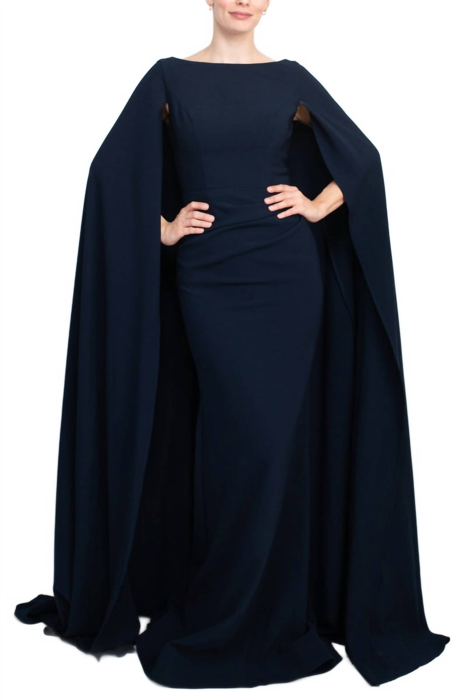 Jovani - Women's Boat Neck Cape Evening With Zipper Closure Crepe Gown