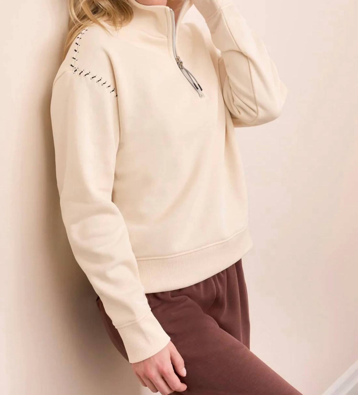 Tribal - Farren French Terry Stitch-accent Zip Funnel Neck Sweater