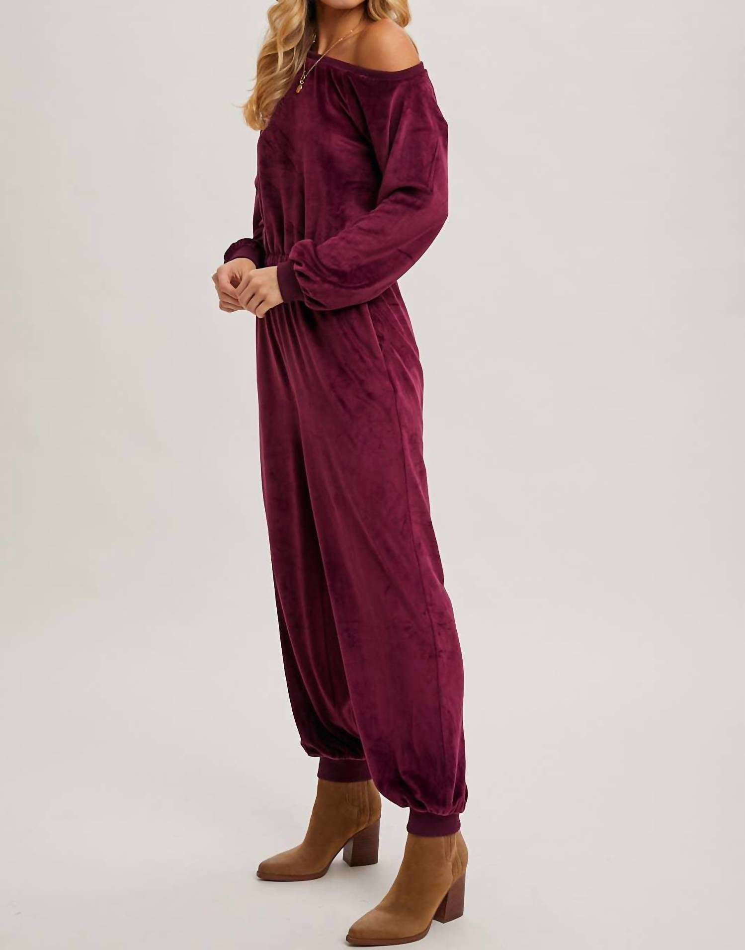Bluivy - Velvet One Shoulder Boat Neck Jumpsuit