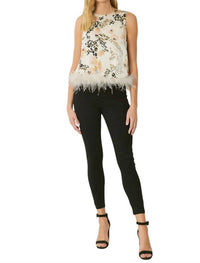 Entro - Abstract Tank Top With Feather Trim
