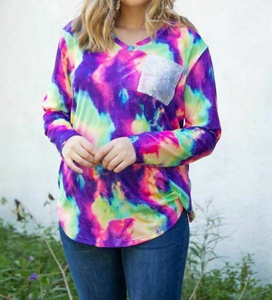 Tie Dye V Neck Sequin Pocket Bright Colors Top