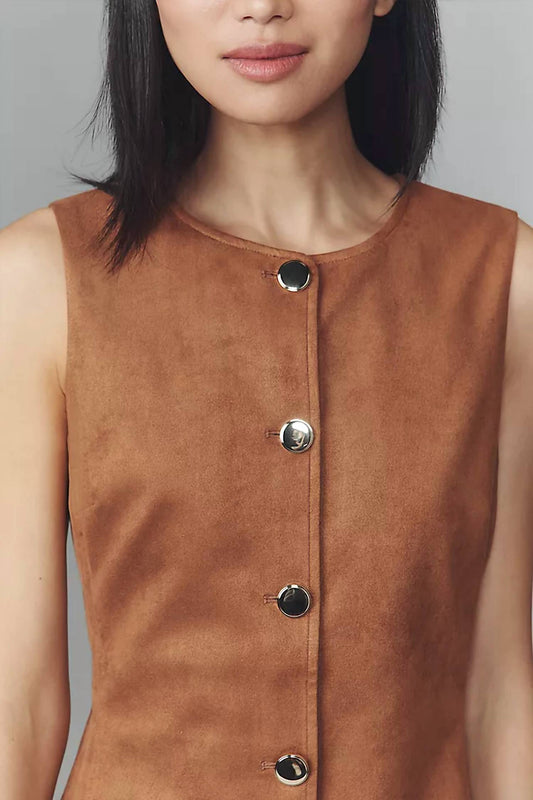 Endless Rose - Suede Round Neck Buttoned Mini Dress