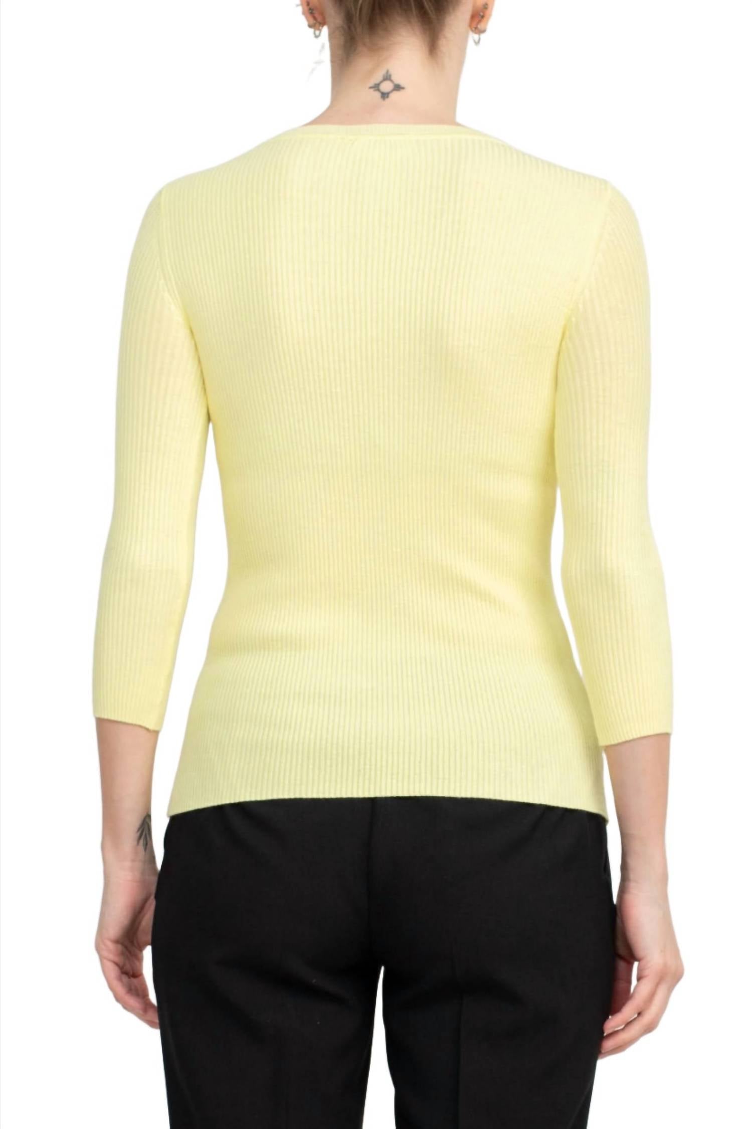 Joan Vass - 3/4 Sleeve Ribbed Pullover Cutout Chest Detail Knit Top