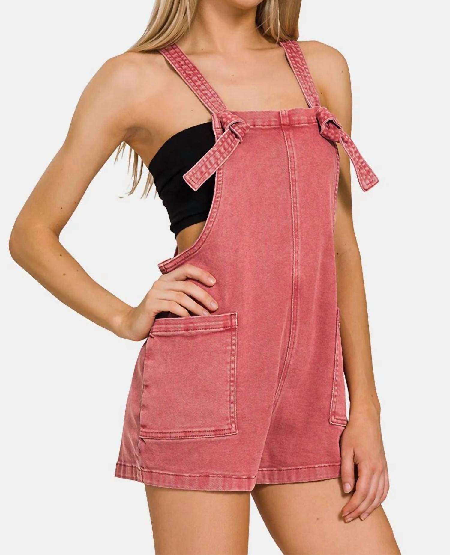 Zenana - Washed Knot Strap Rompers