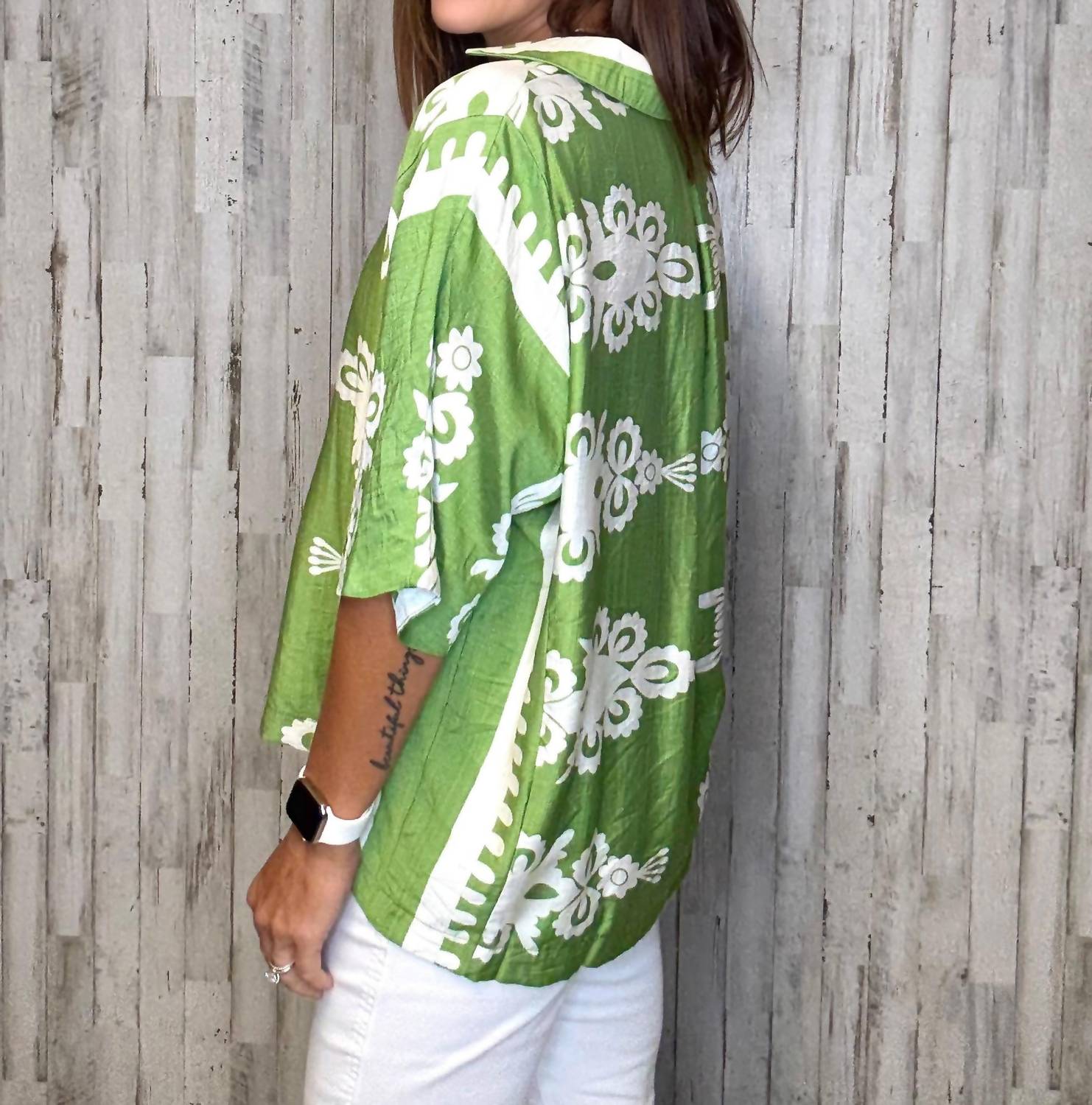 umgee Laney V-neck Top in green - women's blouse - alternate view