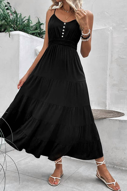 Unishe - Buttoned Smocked Waist Maxi Dress