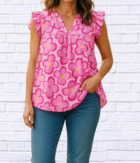 Trendsi - Tulip Ruffled Printed Notched Cap Sleeve Blouse