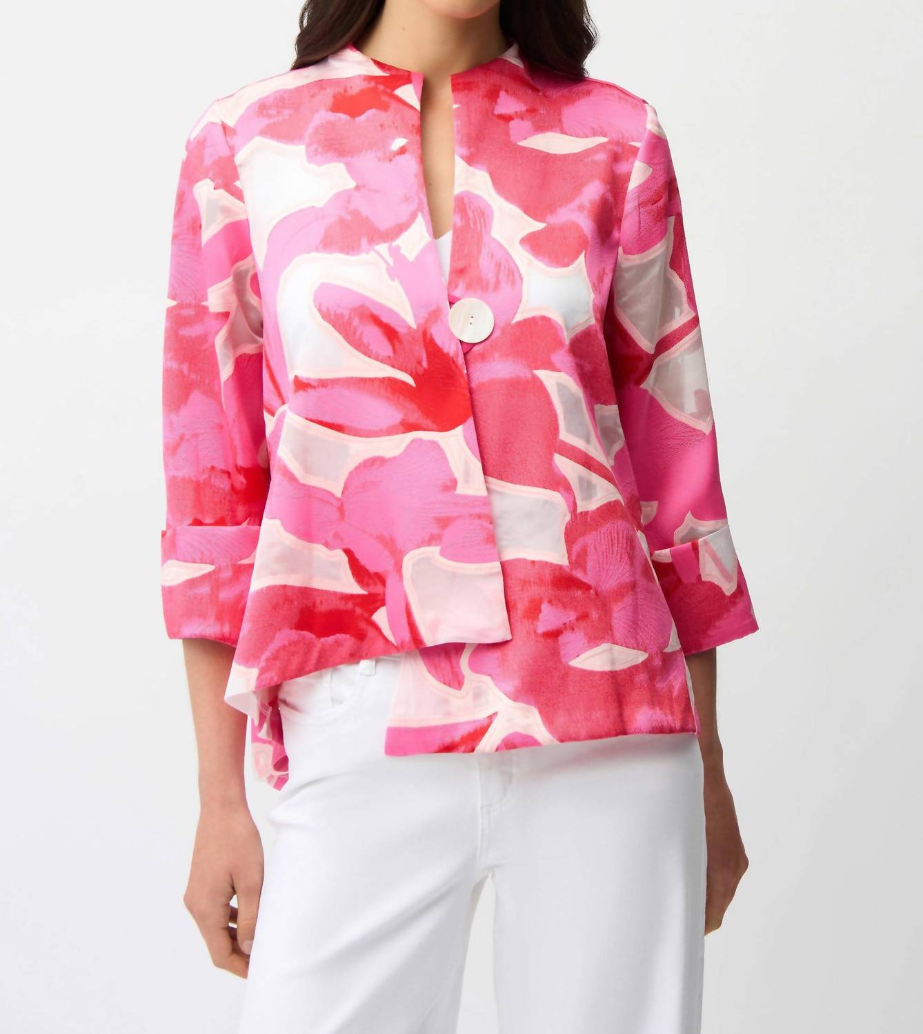 Joseph Ribkoff Novelty Jacquard Floral Print Swing Jacket in pink multi - women's blouse
