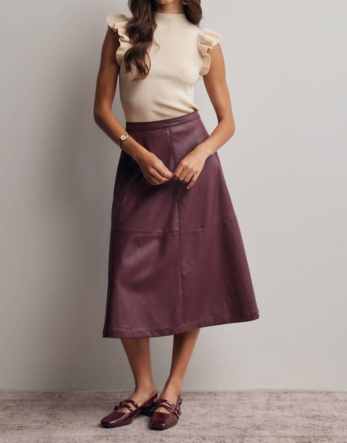 Forte - Faux Leather A-line Midi Skirt