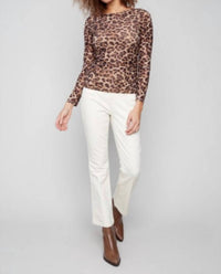 CHARLIE B Printed Mesh Shirt With Gathering in leopard - women's long sleeve top - detail view