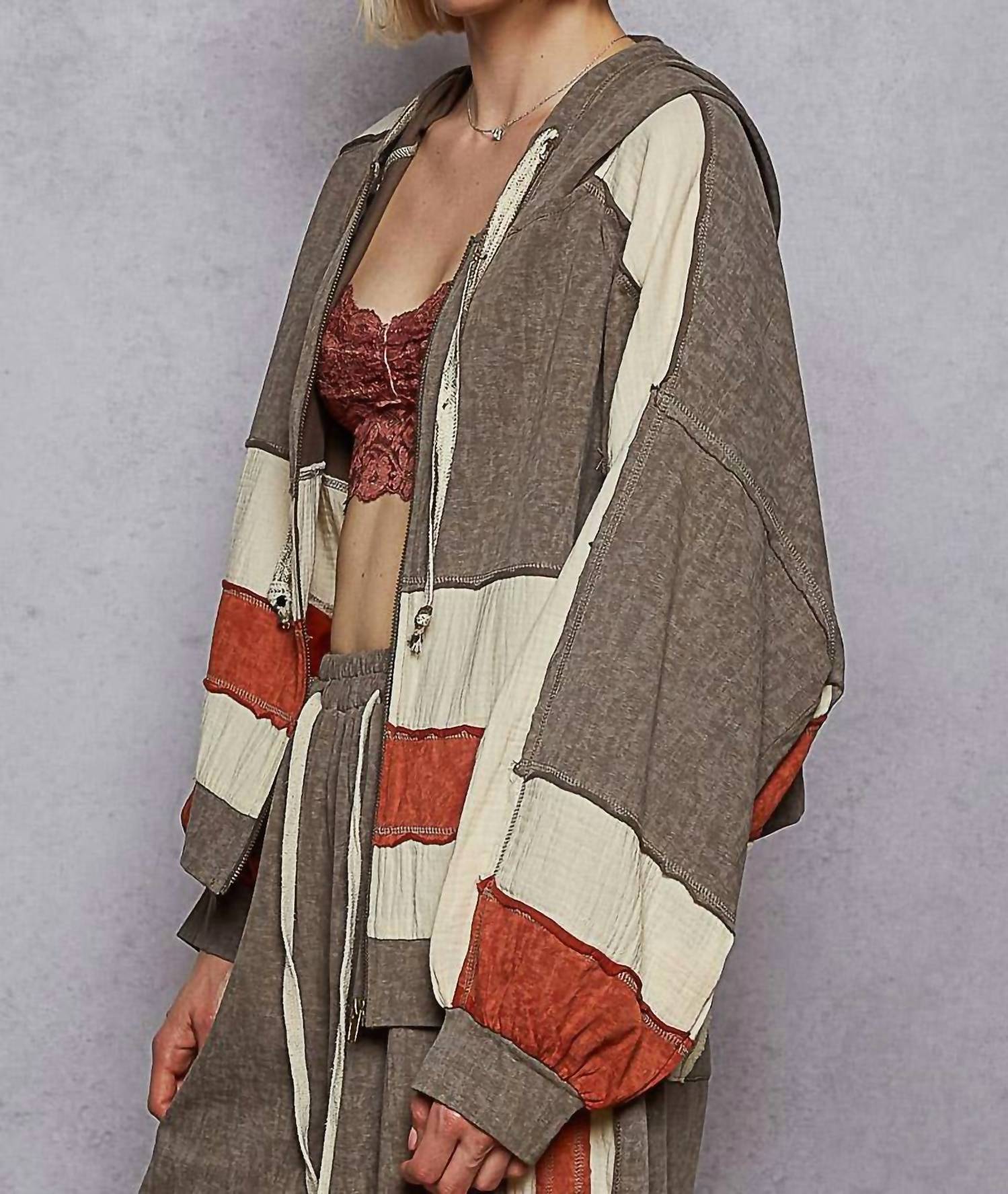 POL Vintage Washing Double Gauze Patch Solid Hooded Zip Up Top in charcoal - women's top - alternate view