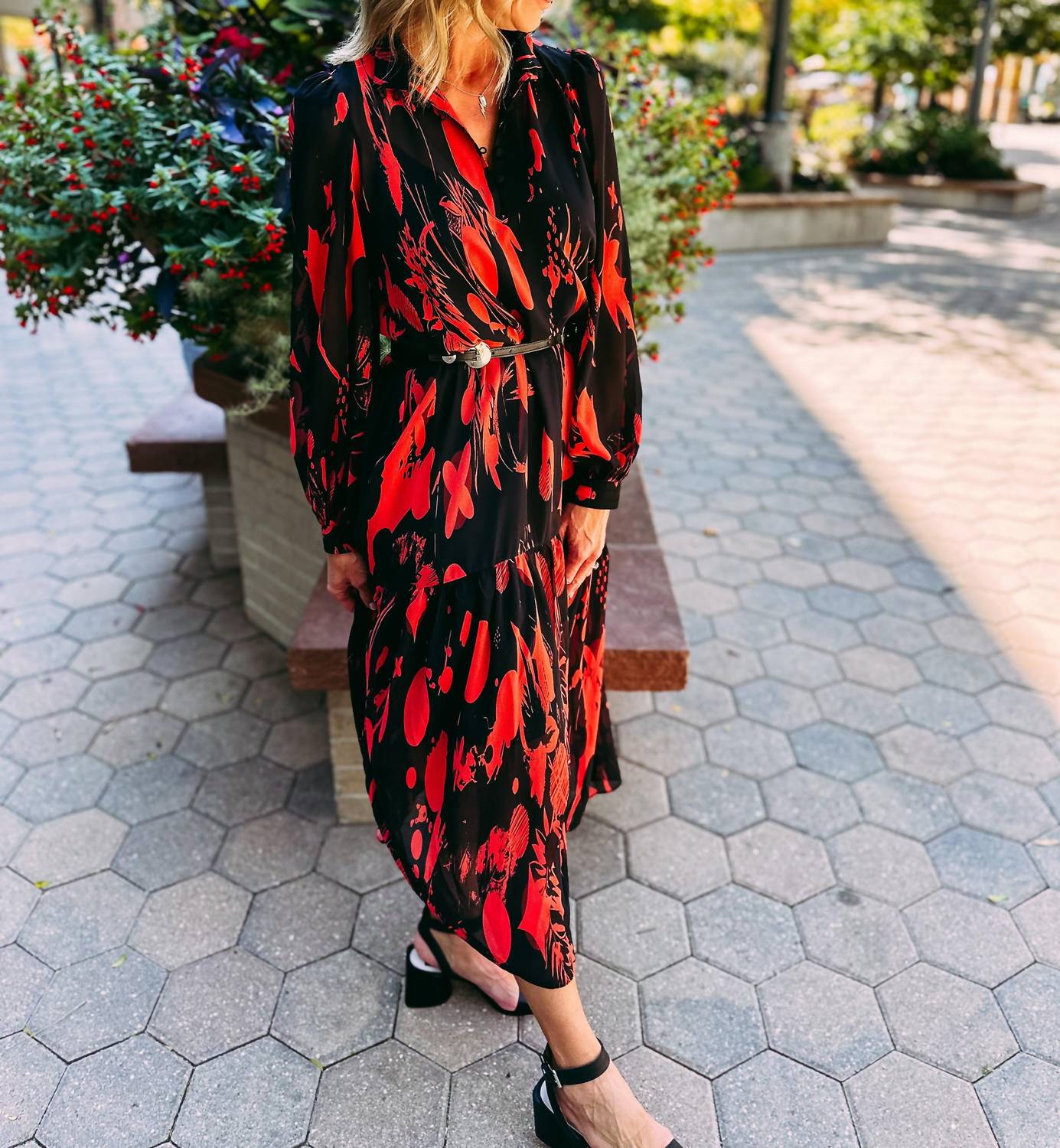 EXQUISE Allyn Long Sleeve Dress in crimson - women's dress - detail view