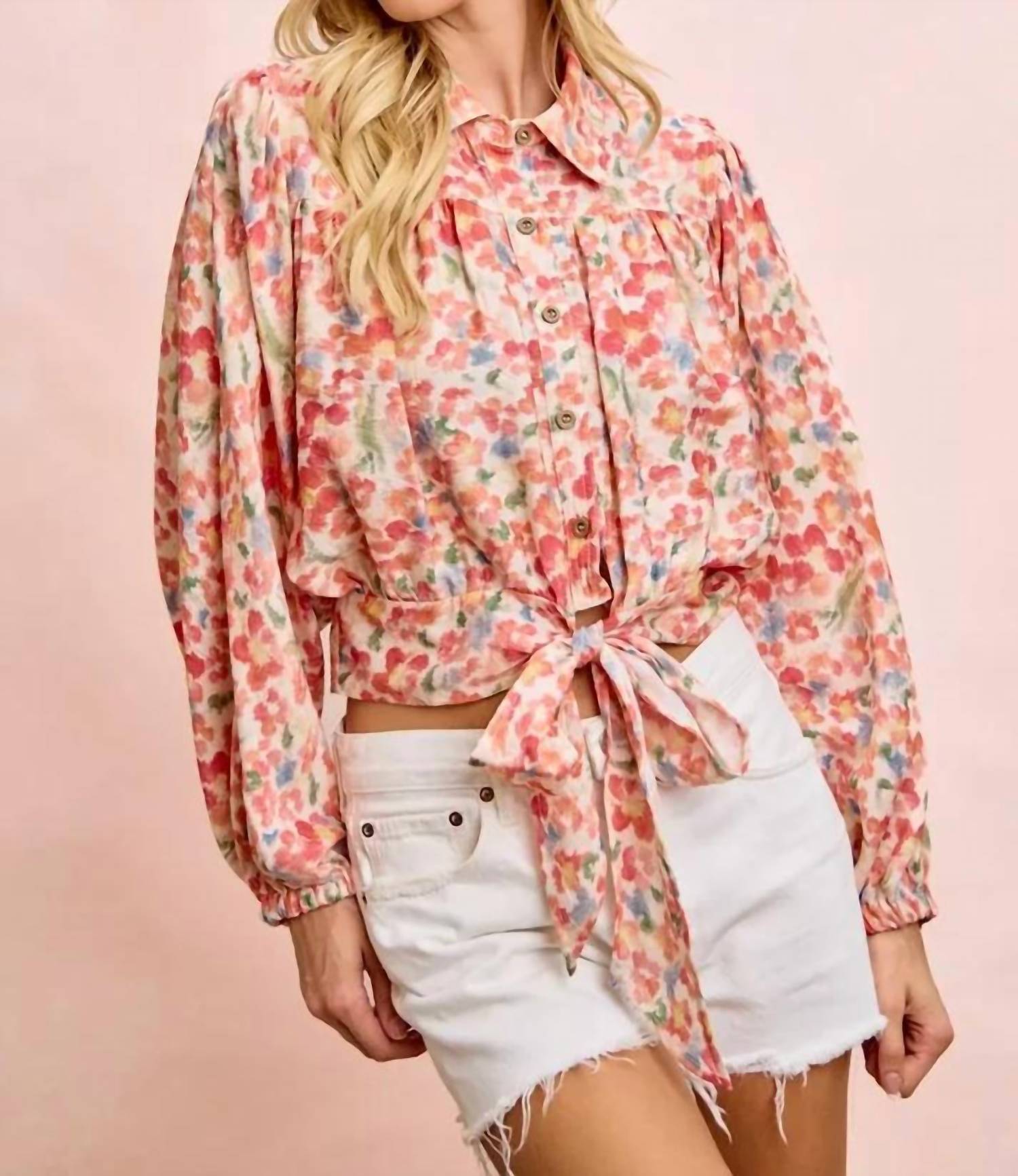 Bibi - Floral Print Tie Hem Detail Crop Shirt