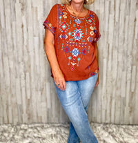 ANDREE BY UNIT Maya Aztec Embroidery Top in orange - women's shirt - alternate view