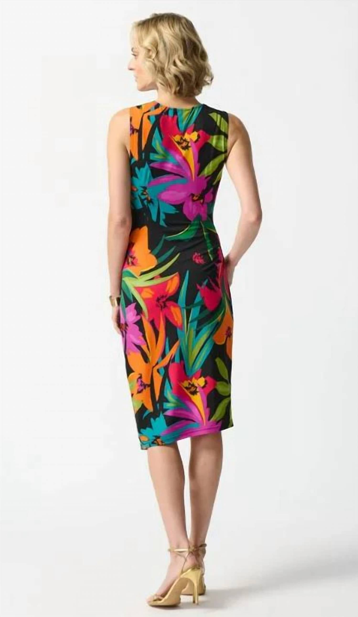 Joseph Ribkoff Tropical Print Wrap Dress in multi print - women's dress - detail view