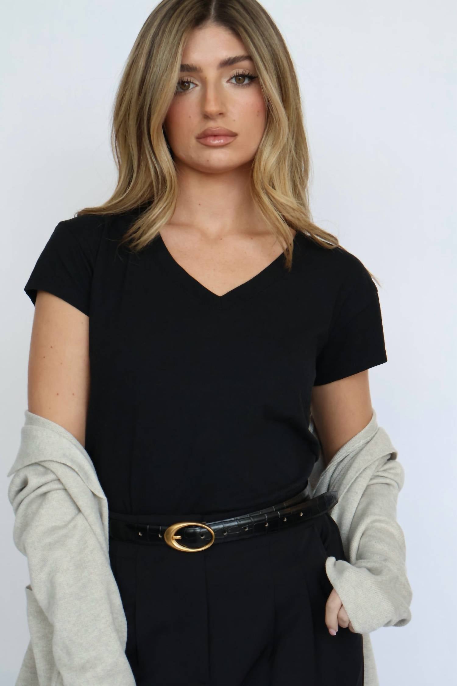 Reign the Label Women's Croco Clean Stitched Belt With Oval Buckle in black - women's accessory - alternate view